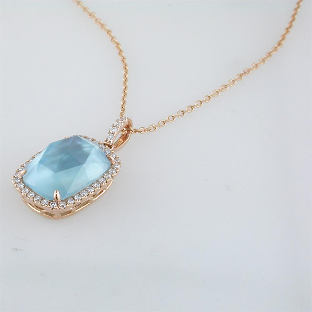 Doves "Ocean Mist" Blue Topz & Mother of Pearl Cushion Shape Halo Pendant Necklace