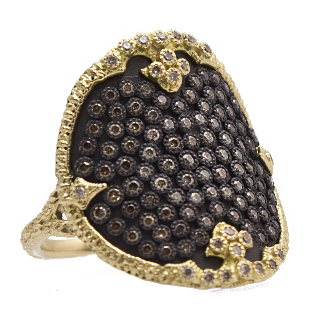 Armenta Ombre Shield Ring Champagne Diamonds in Oxidized Silver & 18K Yellow Gold