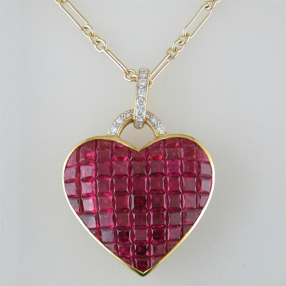 Vintage Estate Invisible Set Ruby Gold Heart Pendant Necklace