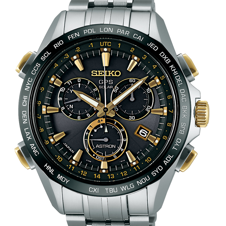 Seiko Astron GPS Solar 44.6mm Watch Titanium with Yellow Gold & Ceramic Bezel Black Dial Series 8X82 SSE007