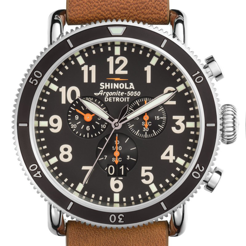 Shinola Gents 48mm Runwell Sports Chronograph Black Dial Tan Leather Watch 20001120