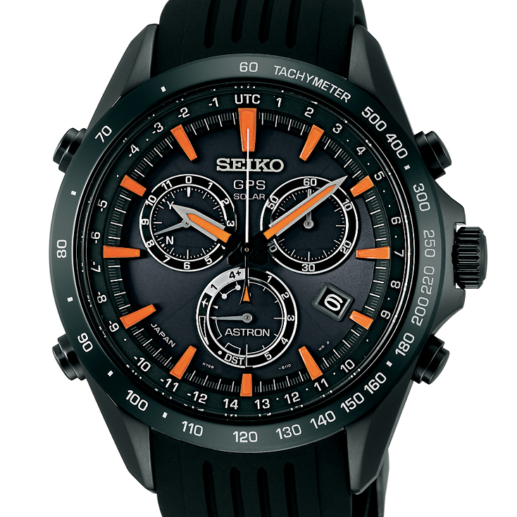 Seiko Astron Solar GPS Ceramic Black Stainless Orange 44.6mm Watch SSE017