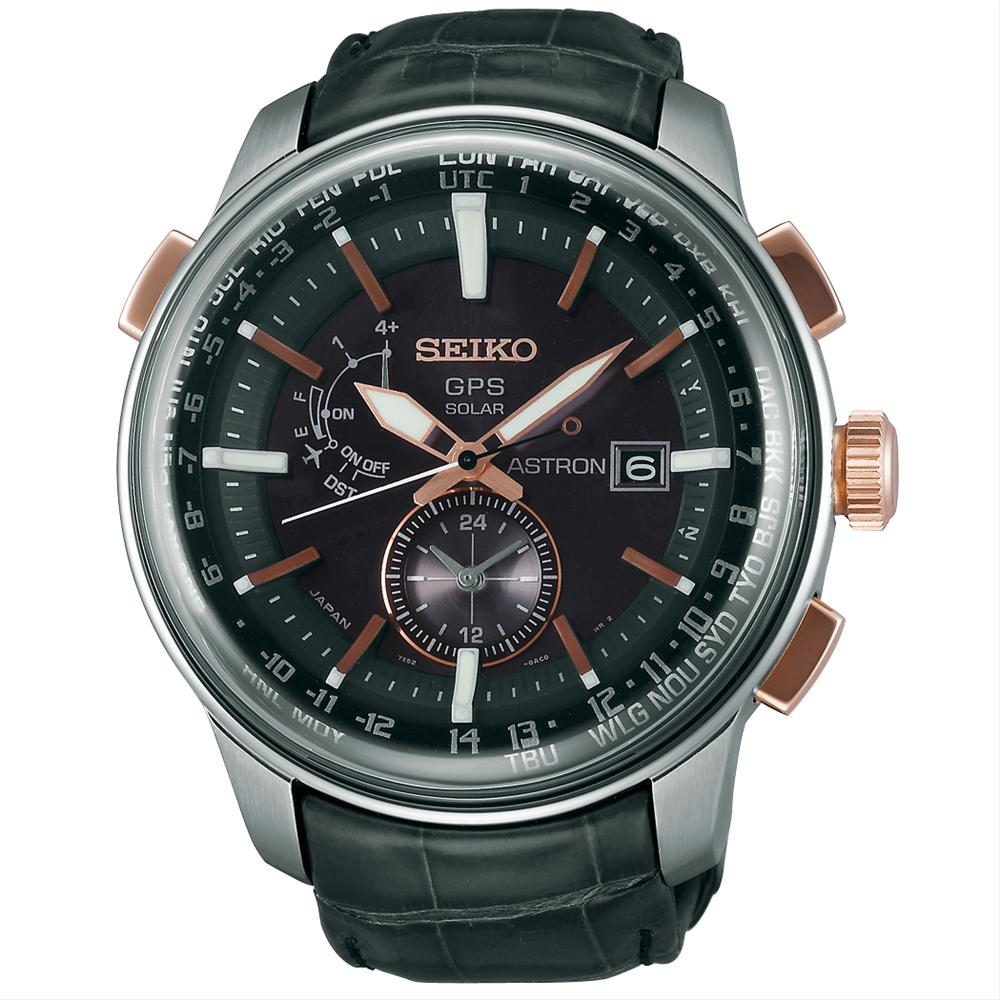 Pre-owned Seiko Astron Solar GPS Steel & Rose Gold 48mm Watch, Crocodile Strap SAS038