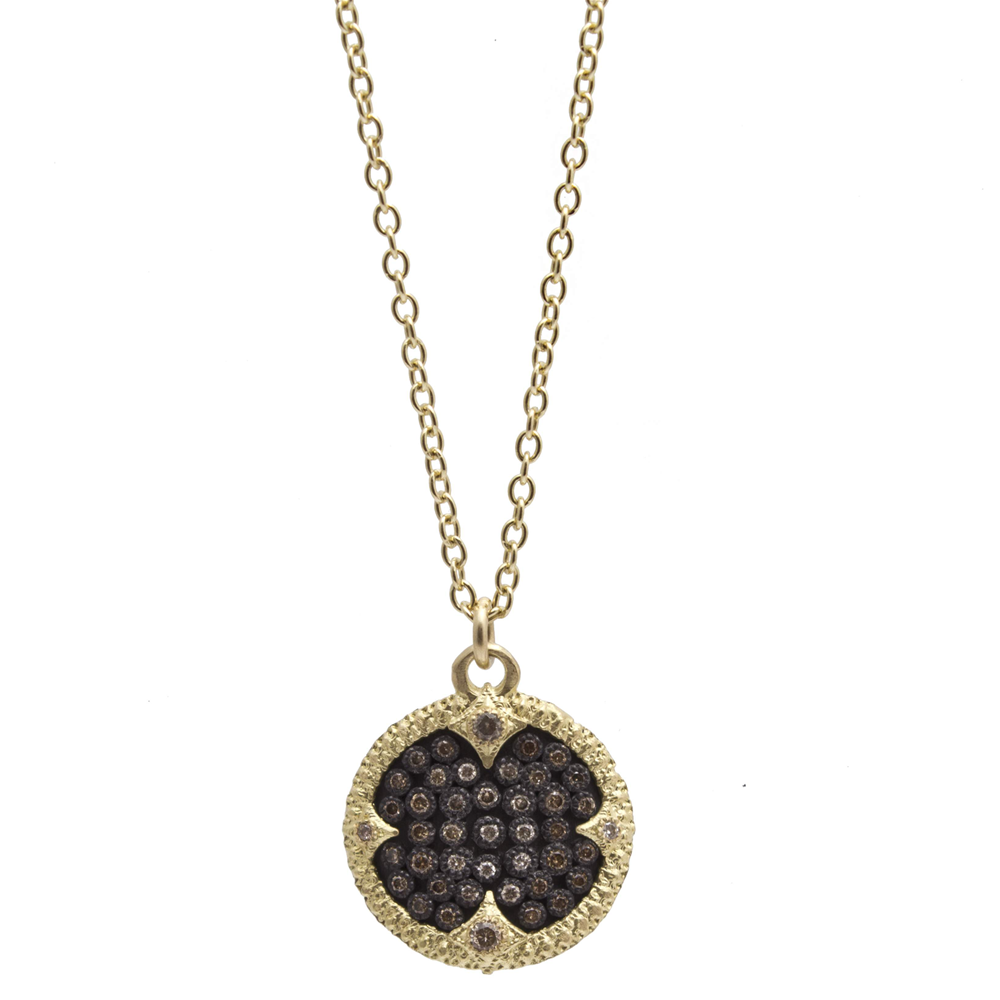 Armenta Ombre Champagne Diamond Carved Round Disc Silver & 18k Yellow Gold Pendant Necklace