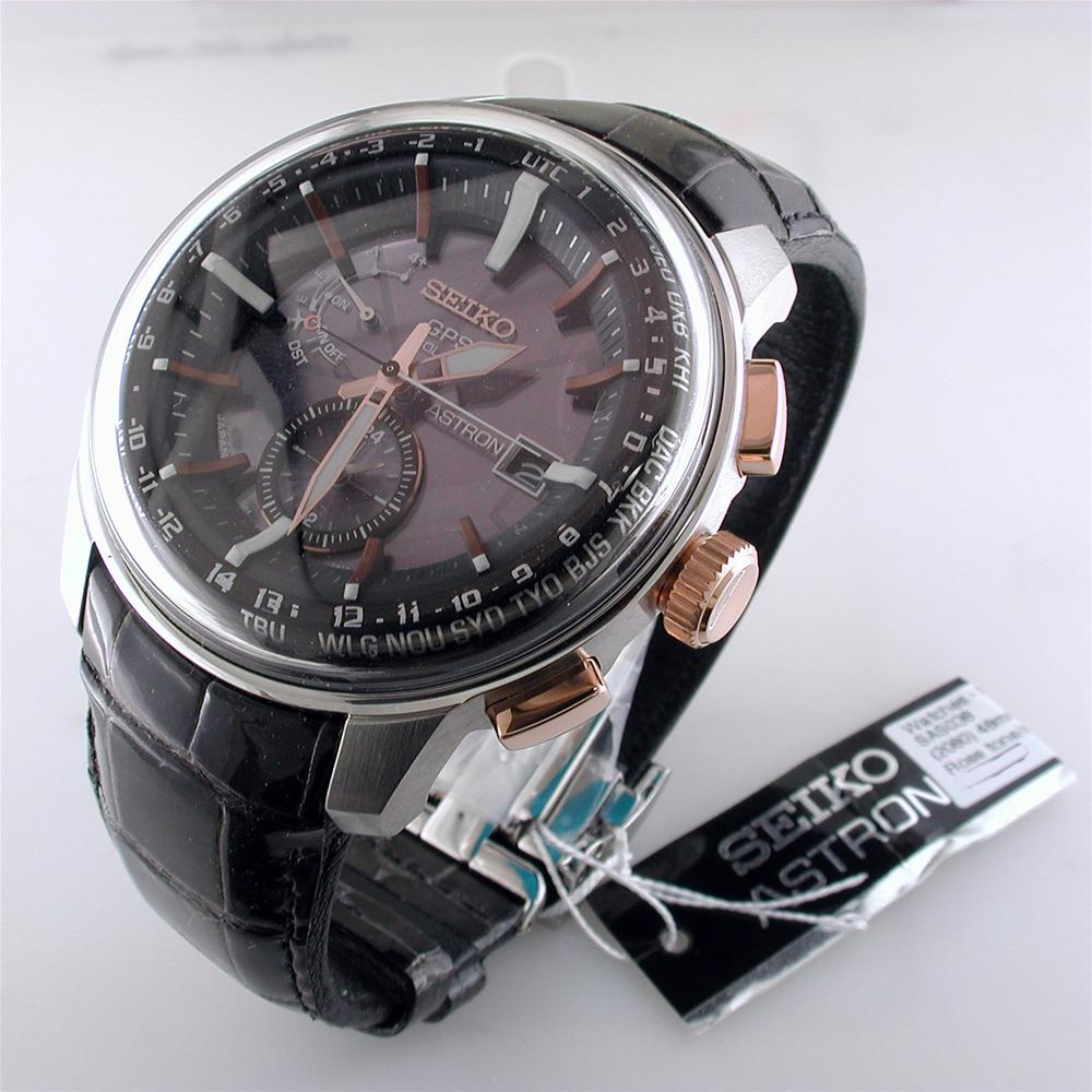 Seiko Astron Solar GPS Steel & Rose Gold 48mm Watch, Crocodile Strap SAS038