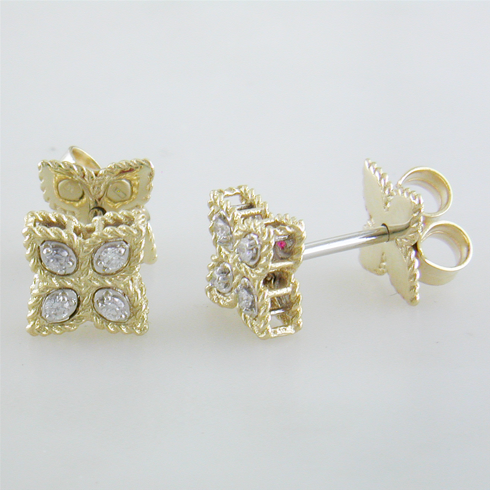 Roberto Coin Princess Flower Diamond Small Stud Earrings 18K Yellow Gold