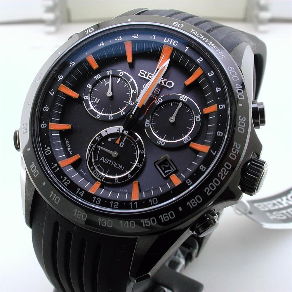 Seiko Astron Solar GPS Ceramic Black Stainless Orange 44.6mm Watch SSE017
