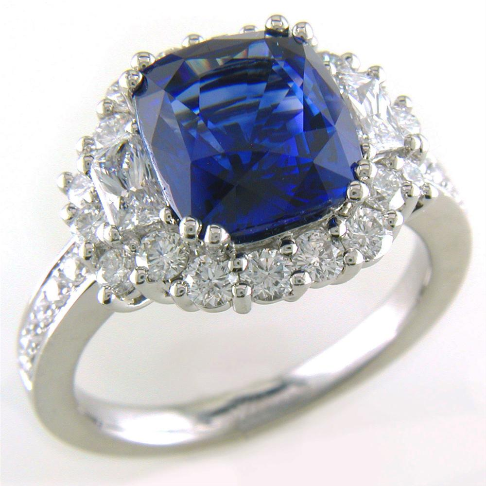 Gregg Ruth Cushion Sapphire & Trapezoid Diamond Cocktail Ring