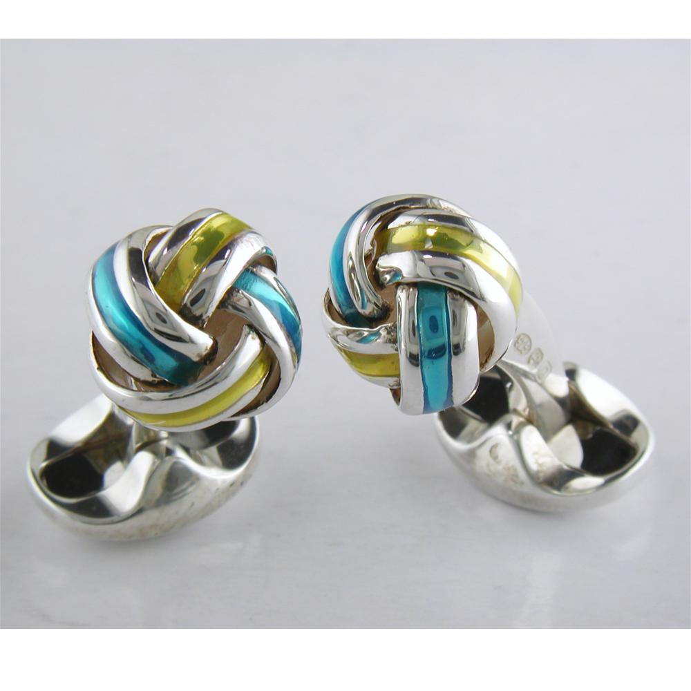 Deakin & Francis Blue & Yellow Enamel Sterling Silver Knot Cufflinks