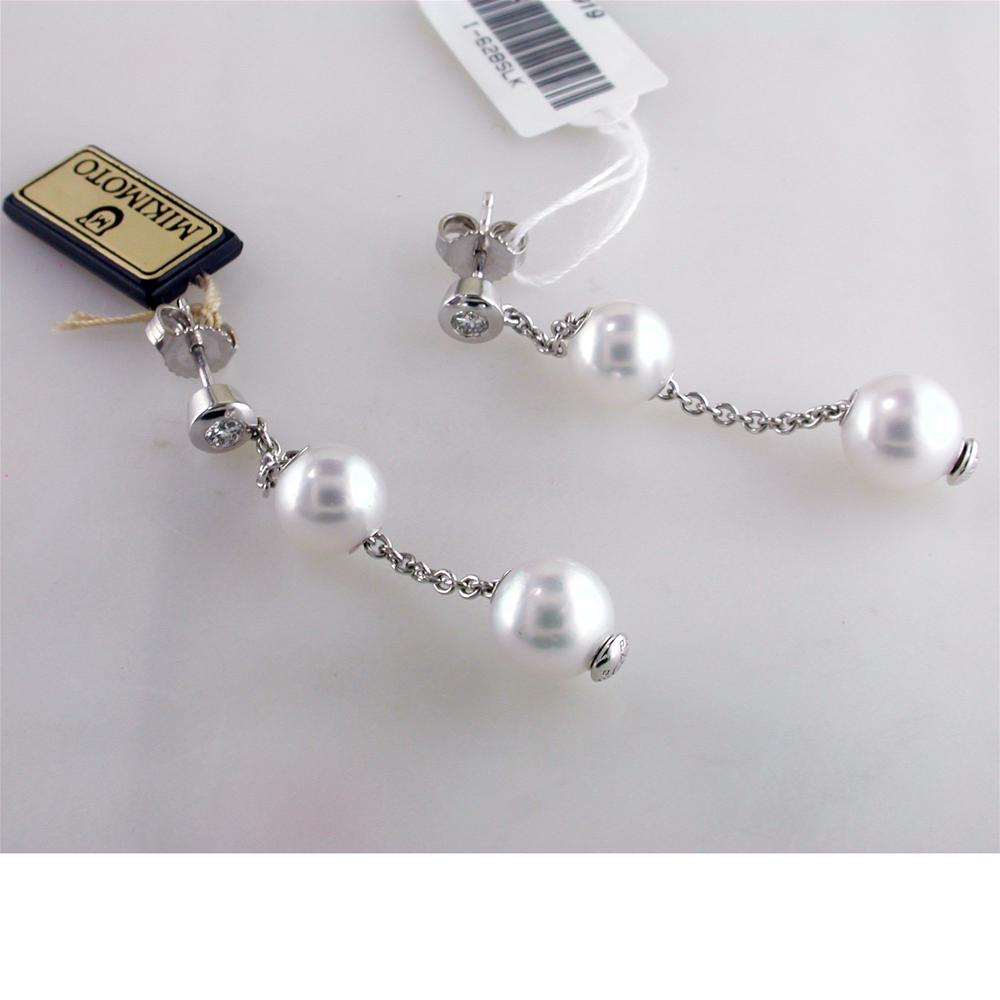 Pre-owned Mikimoto Pearls in Motion 7-7.5mm White Akoya Dangle Drop Diamond Earrings PEL 644DW