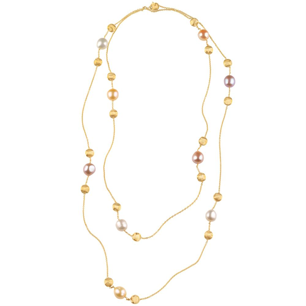 Marco Bicego Africa Pink White Pearl Yellow Gold Necklace 46"