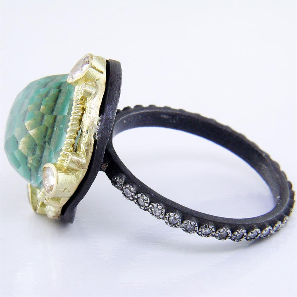 Armenta Green Turquoise & Quartz Round Sapphire Diamond Oxidized Silver Ring