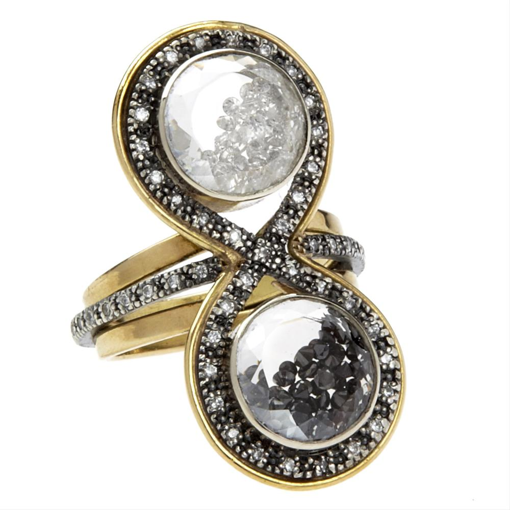 Moritz Glik Kaleidoscope 18K Gold, Oxidized Silver with Black and White Diamonds Ring