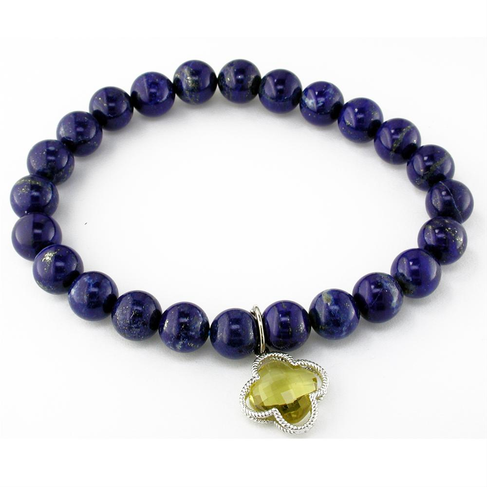 Blue Lapis Round Bead Bracelet with Silver Citrine Clover Charm