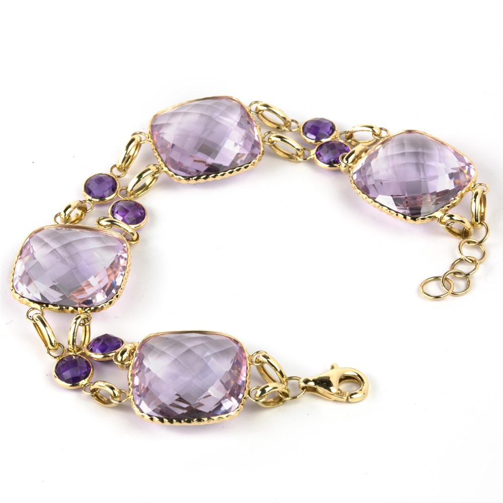 Amethyst Cushion Shape Double Row 14K Yellow Gold Bracelet