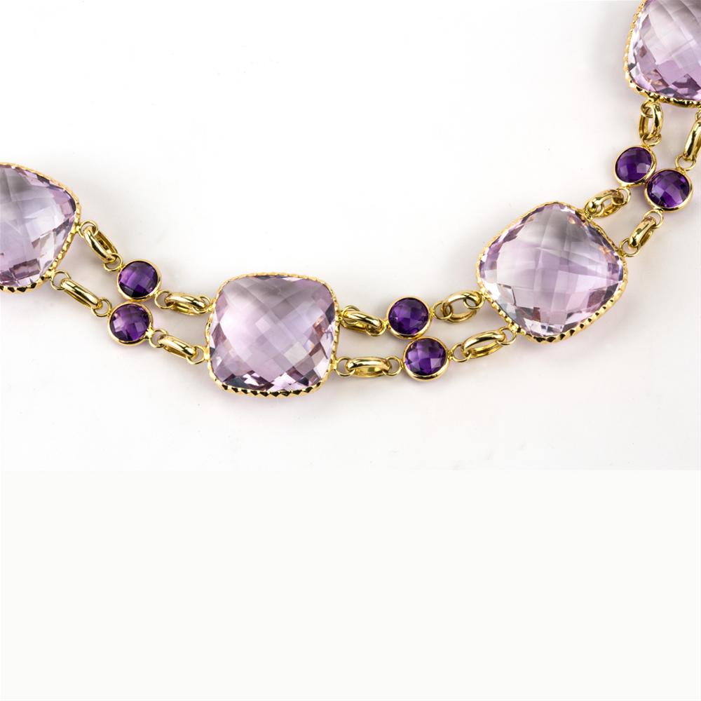 Amethyst Cushion Shape Double Row 14K Yellow Gold Bracelet