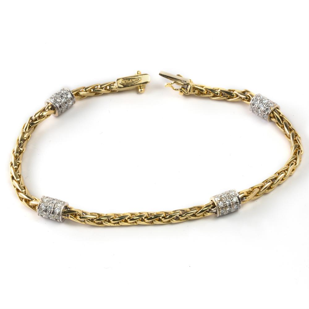 Yellow Gold Wheat Chain Bracelet with Diamond Stations 1.75 carats