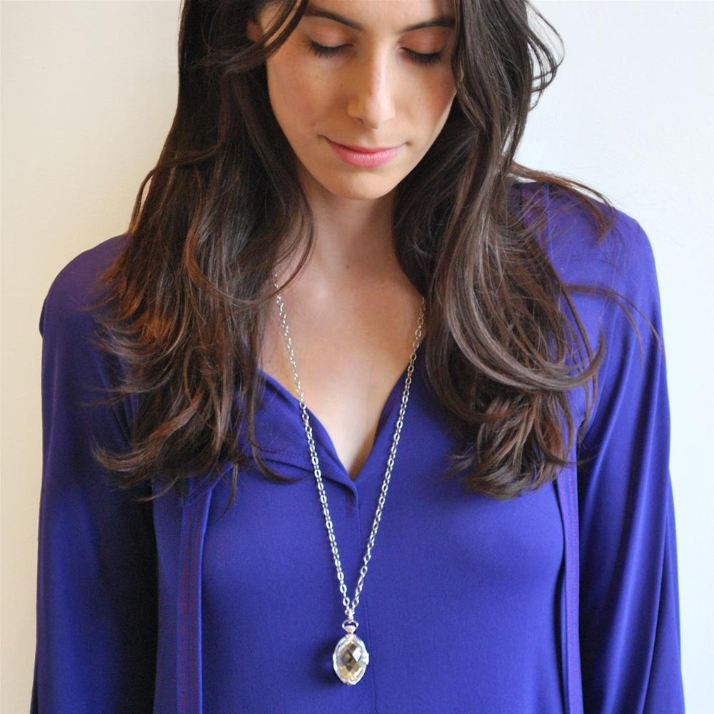 Monica Rich Kosann Sterling Silver Rock Crystal Locket Pendant with White Sapphire on 30" Chain