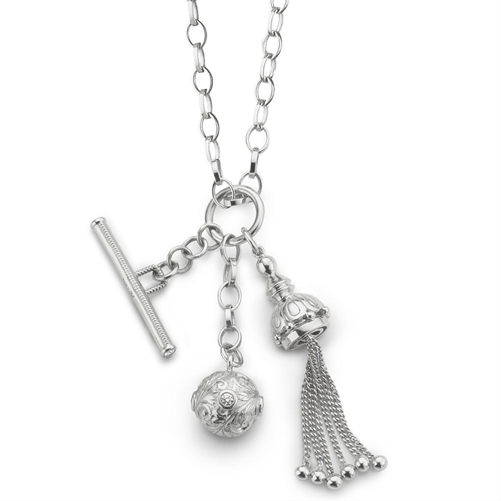 Monica Rich Kosann Sterling Silver Tassel, Ball, and Toggle Necklace with White Sapphires