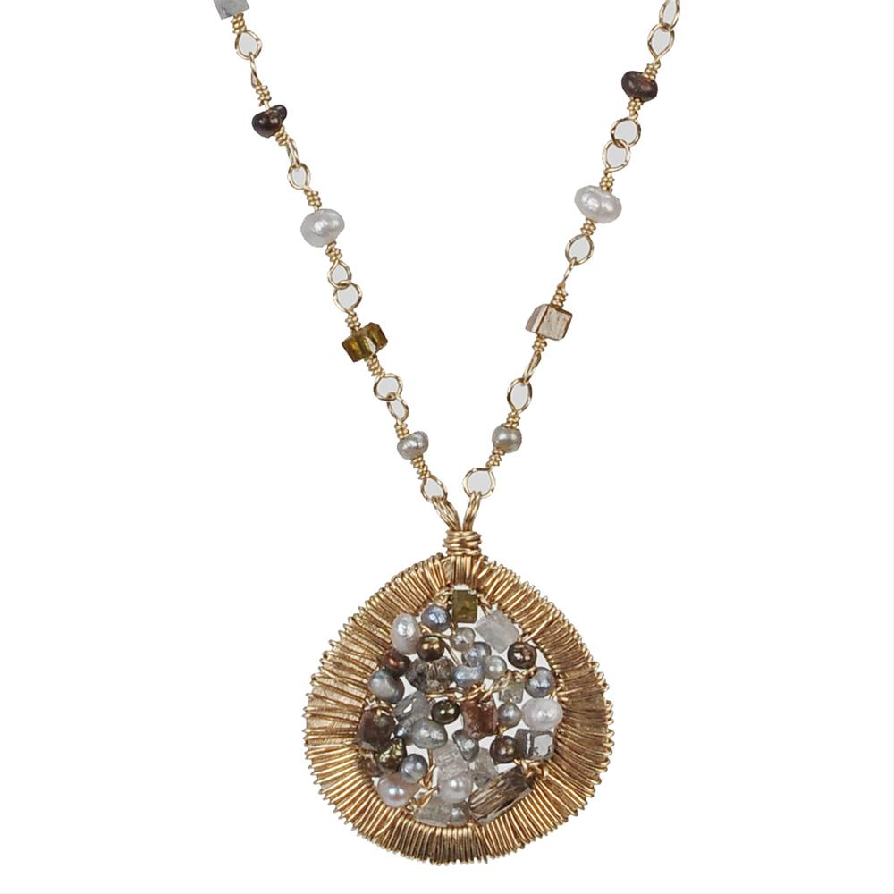 Dana Kellin Brown & Grey Diamond Yellow Gold Wire Filigree Necklace Pendant