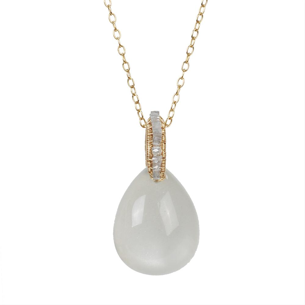 Dana Kellin Grey Moonstone & Diamond Yellow Gold Wire Wrapped Pendant Necklace