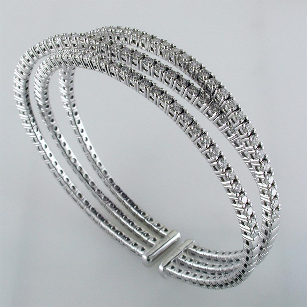 18K White Gold Triple Row Diamond Cuff Bracelet 3.15 Carats