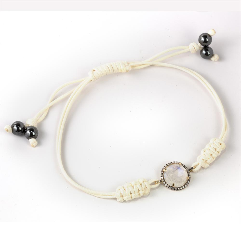 Moonstone with Diamond Halo 14K Yellow Gold Bracelet on a White Cord