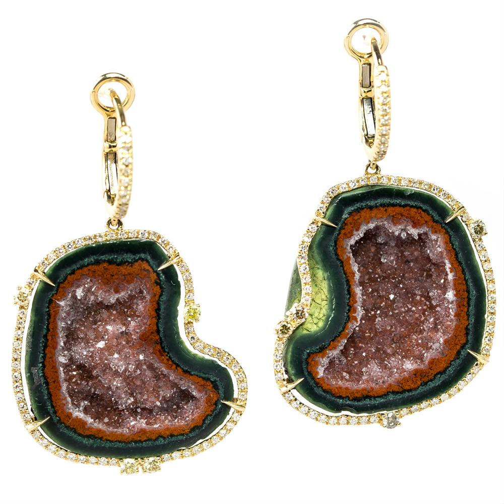 Geode Druse (Drusy) (Druzy) Collector's Gem Quartz Dangle Earrings with Diamonds in Yellow Gold