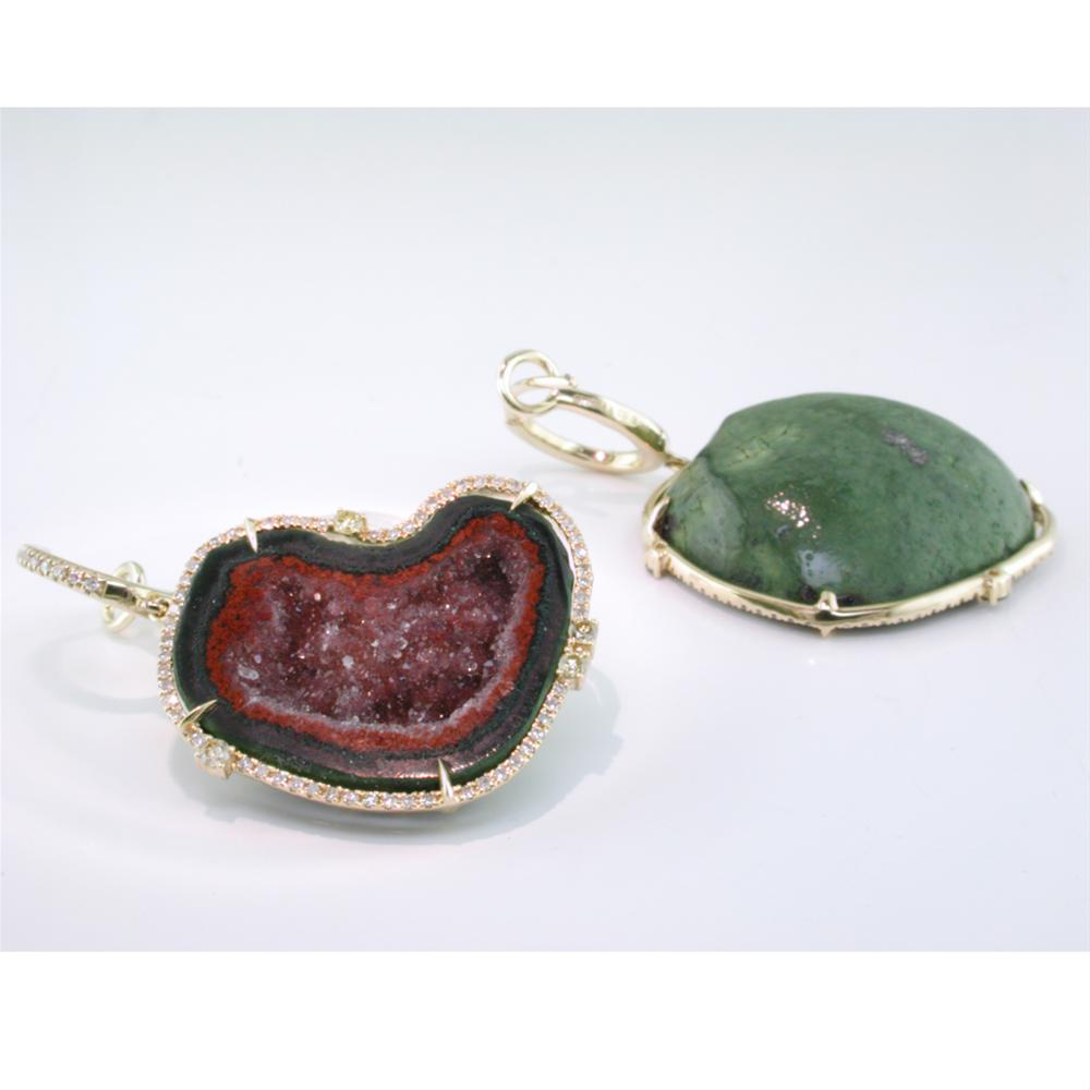 Geode Druse (Drusy) (Druzy) Collector's Gem Quartz Dangle Earrings with Diamonds in Yellow Gold