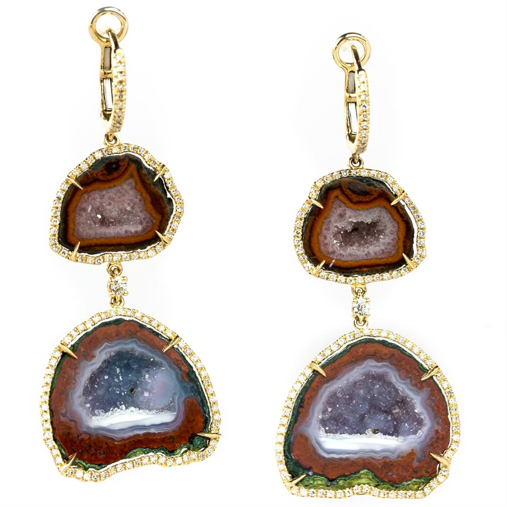 Geode Druse (Drusy) (Druzy) Collector's Gem Quartz Double Dangle Earrings with Diamonds in Yellow Gold