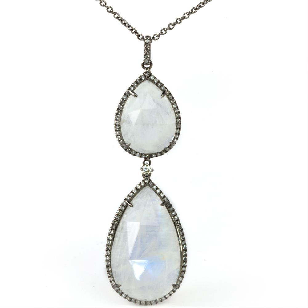Large Moonstone & Grey Diamond Pear Shape Drop Pendant Necklace Blackened Gold
