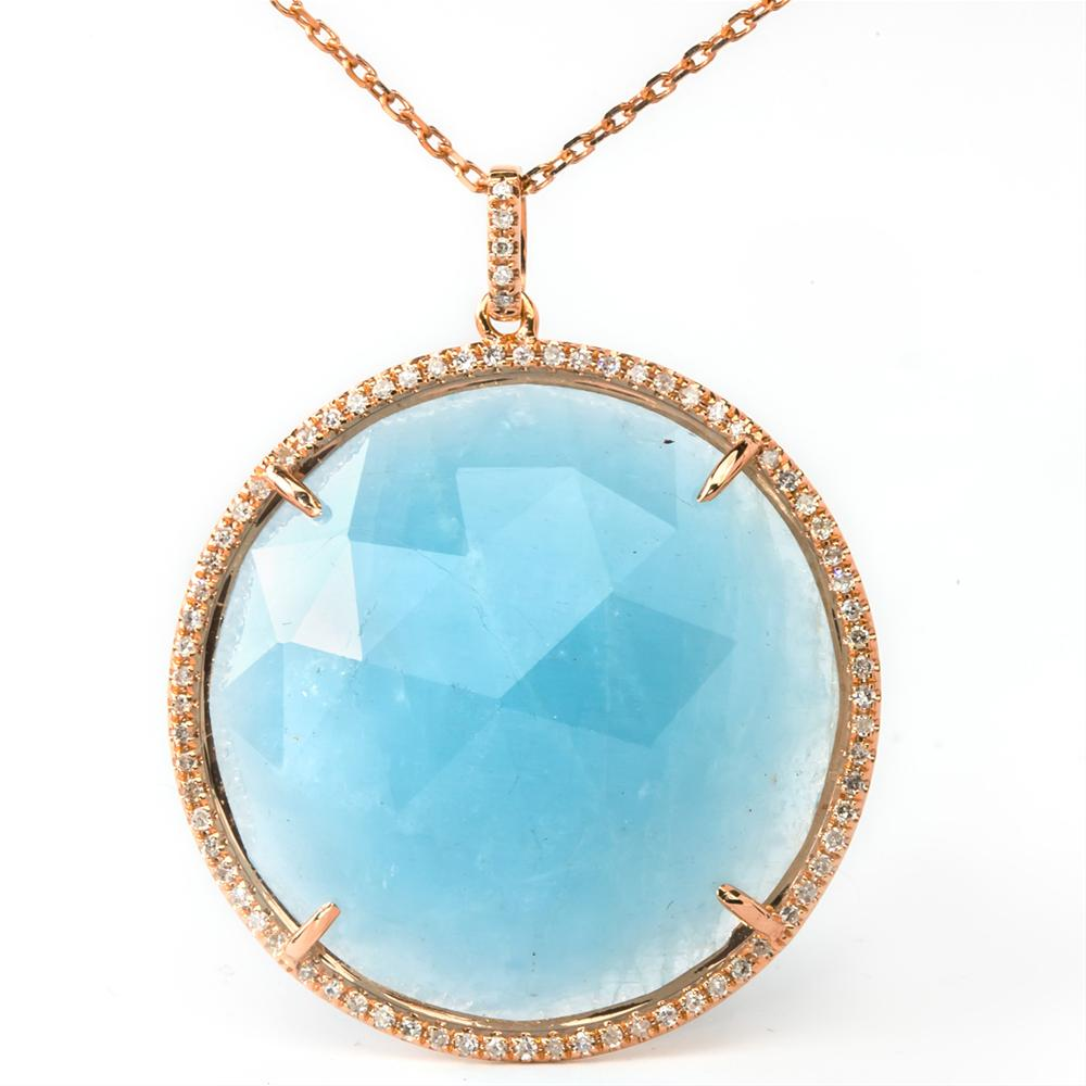 Large Round Aquamarine & Diamond Halo Pendant Necklace in Rose Gold