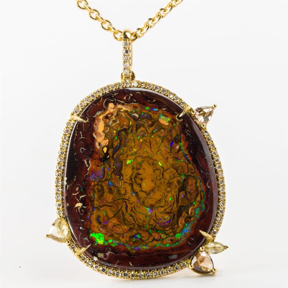 Yowah Nut Boulder Opal & Yellow brown Diamond Freeform Pendant Necklace