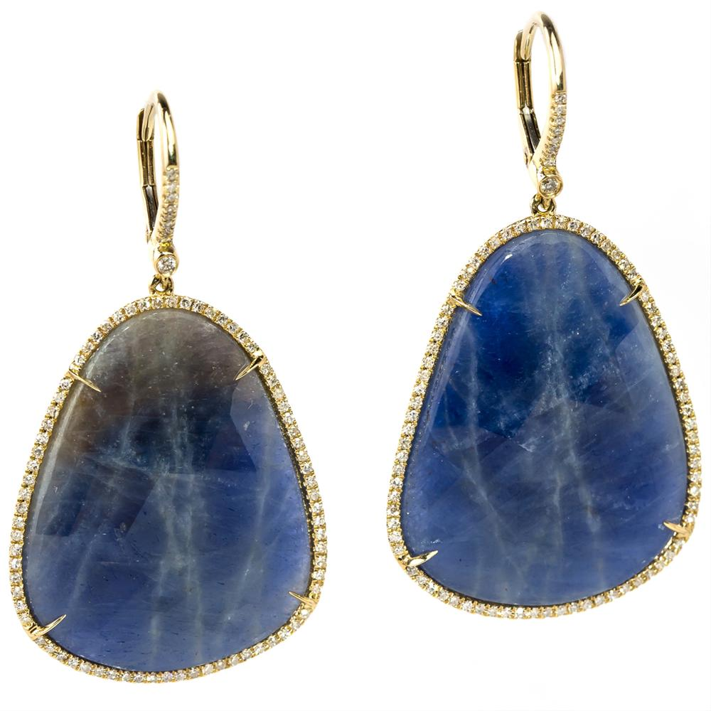 Freeform Blue Sapphire & Diamond Oval Yellow Gold Dangle Earrings
