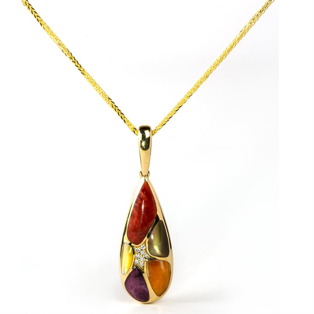 Kabana Mixed Spiny Oyster and Mother of Pearl Teardrop Pendant Necklace Yellow Gold