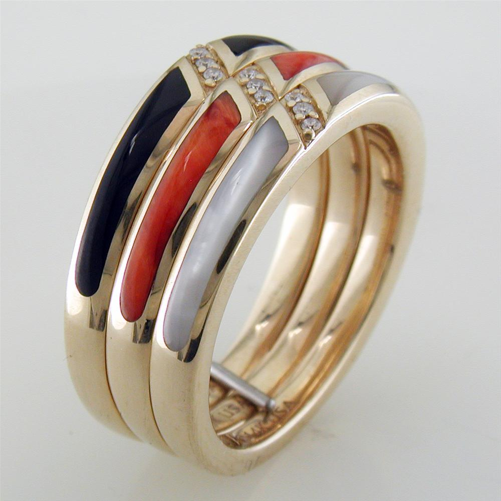 Kabana Black Onyx, Mother of Pearl, and Spiny Oyster Inlay Gold Ring