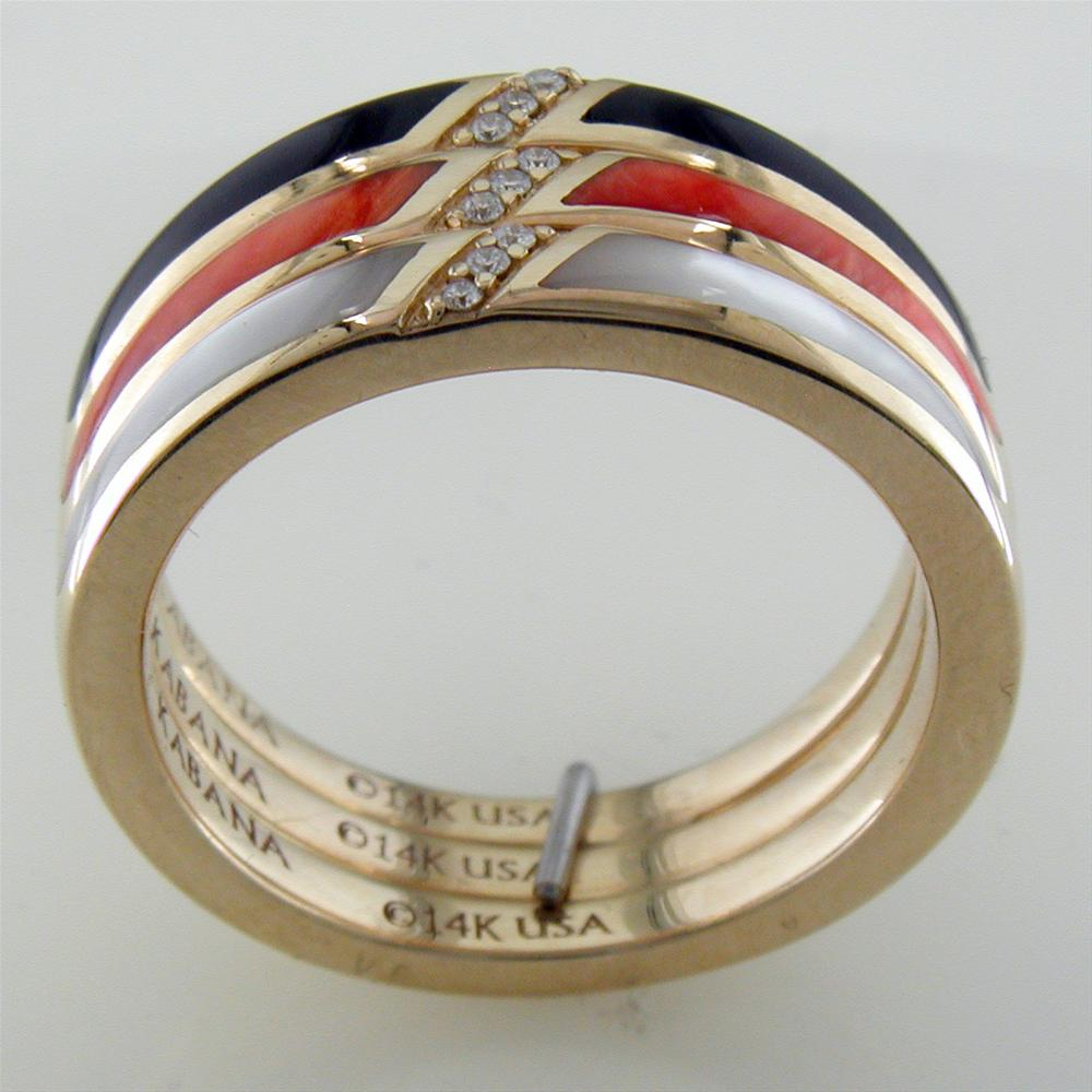 Kabana Black Onyx, Mother of Pearl, and Spiny Oyster Inlay Gold Ring