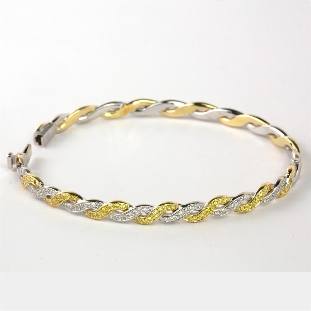 Fancy Yellow & Colorless Diamond Weave Design Two-Tone Gold Bangle Bracelet