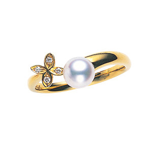 Mikimoto Akoya Pearl 18K Yellow Gold Diamond Floral Ring 6.0mm A+