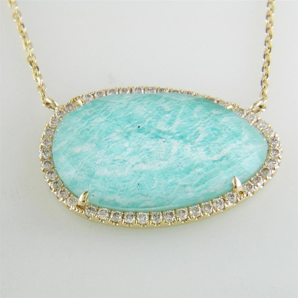 Doves White Topaz Amazonite Oval Doublet Drop Diamond Halo Pendant Necklace