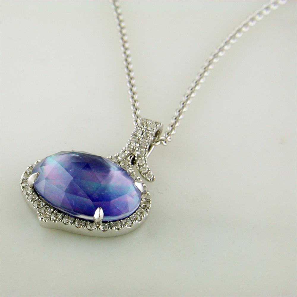 Doves Ivory Sky Blue Lapis, Mother of Pearl, & Topaz Diamond Halo Oval Pendant Necklace