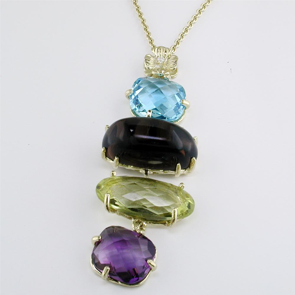 Blue Topaz, Smoky & Lemon Quartz, Amethyst Yellow Gold Dangle Pendant Necklace