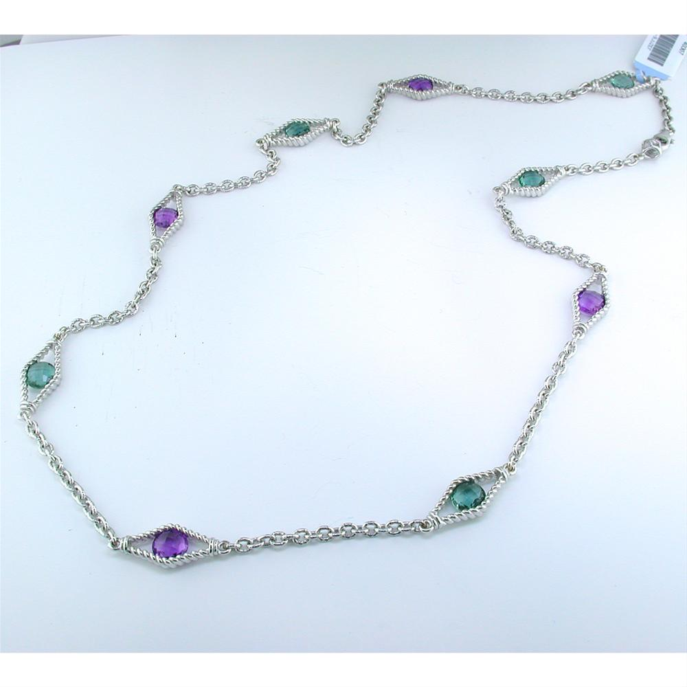 Amethyst & Prasiolite Diamond Shape Link Sterling Silver Necklace