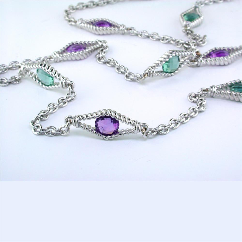Amethyst & Prasiolite Diamond Shape Link Sterling Silver Necklace