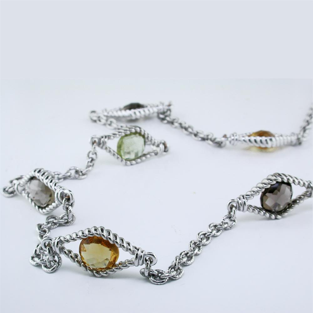 Smoky Quartz, Citrine, & Peridot Diamond Shape Link Sterling Silver Necklace