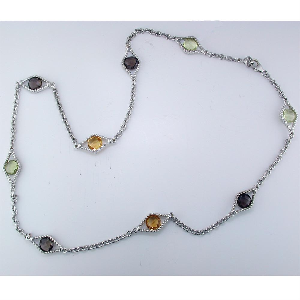 Smoky Quartz, Citrine, & Peridot Diamond Shape Link Sterling Silver Necklace