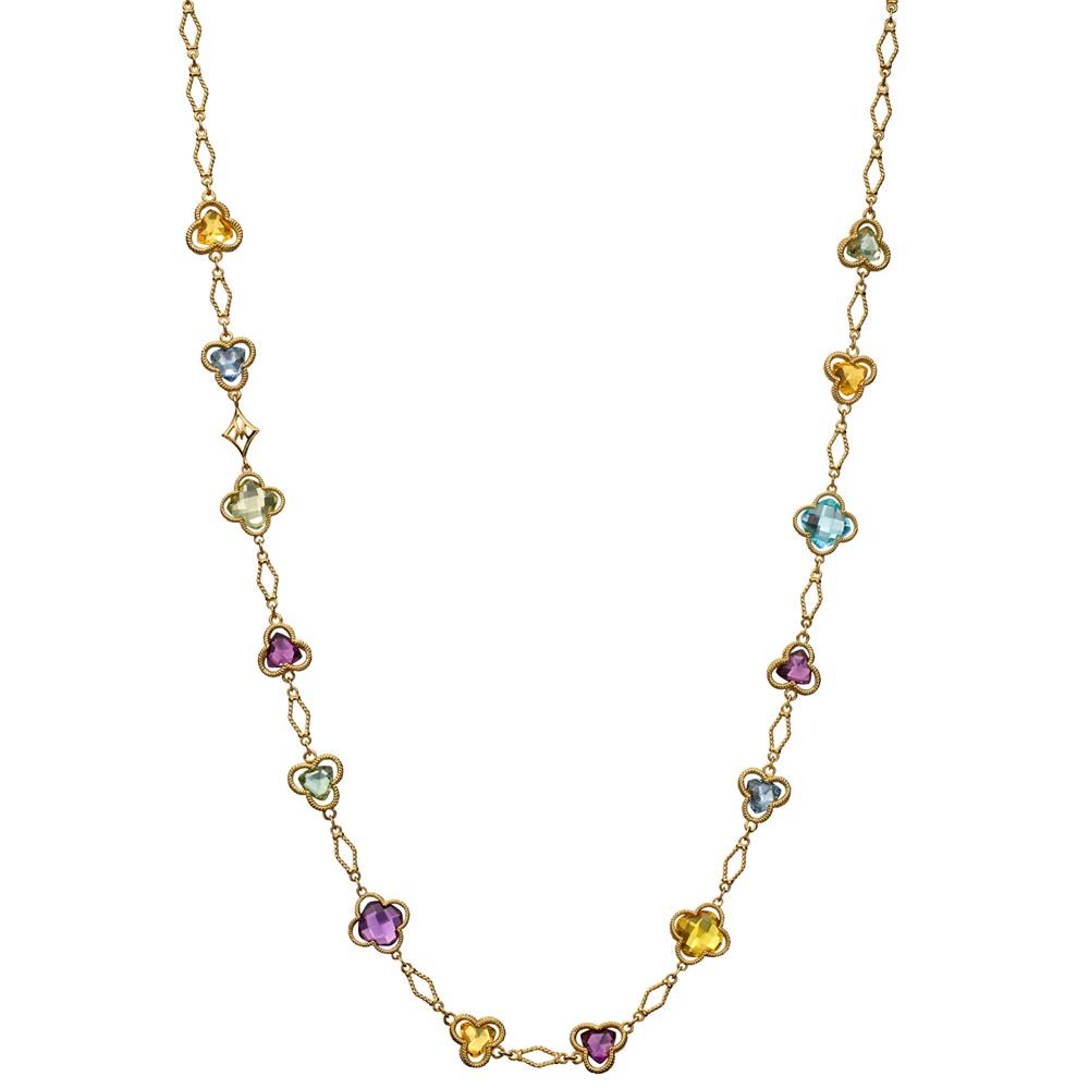 Trefoil Clover Station Necklace in 18K Gold with Blue Topaz, Citrine, & Green Quartz 28" Long