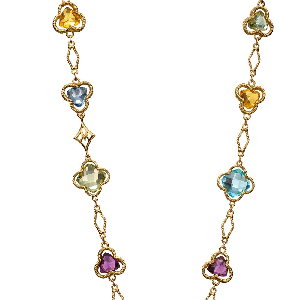 Trefoil Clover Station Necklace in 18K Gold with Blue Topaz, Citrine, & Green Quartz 28" Long