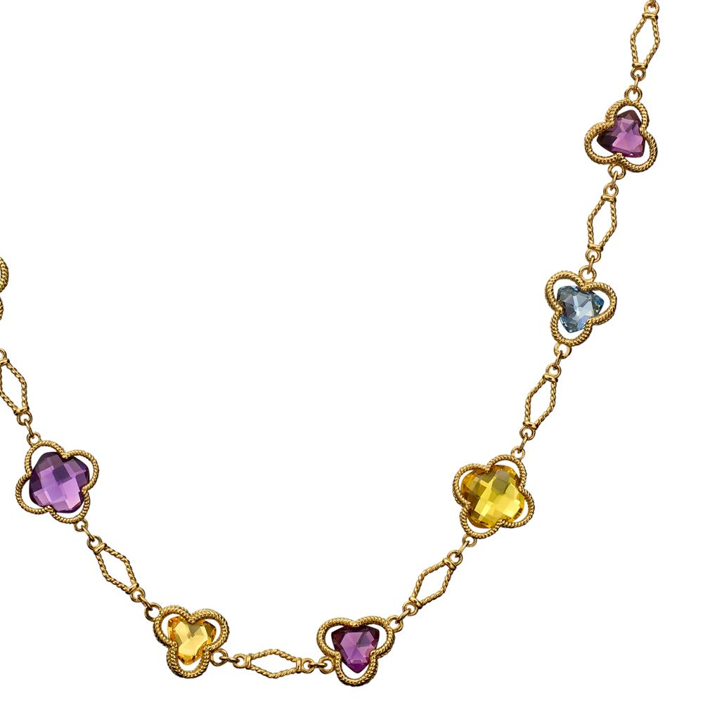 Trefoil Clover Station Necklace in 18K Gold with Blue Topaz, Citrine, & Green Quartz 28" Long