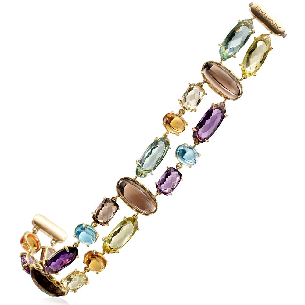 Multicolor Quartz Gemstone Double Row Bracelet 18K Yellow Gold